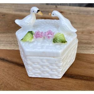 Geese And Roses Bone China Trinket Box Hexagon Shaped Basket Weave Swan Duck